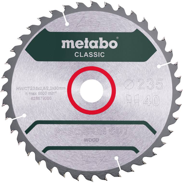 Gros plan d'une lame de scie circulaire Metabo Classic portant les inscriptions « 235 » et « 40 », avec un anneau central rouge et le texte « PRECISION CUT WOOD ».