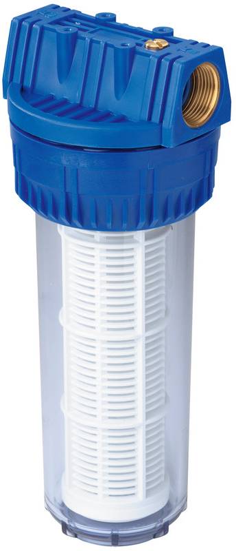 Boîtier de filtre à eau cylindrique bleu avec chambre inférieure transparente montrant une cartouche blanche et un raccord d'entrée/sortie fileté en laiton.