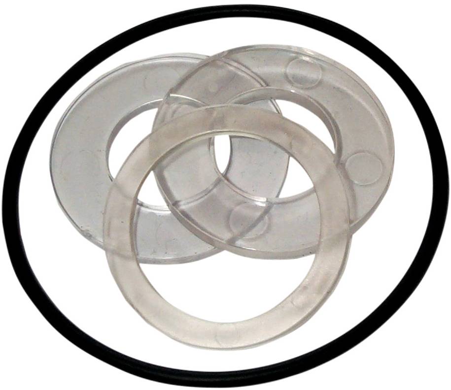 Trois anneaux en plastique translucide qui se chevauchent à l'intérieur d'une bordure ovale noire sur un fond blanc.