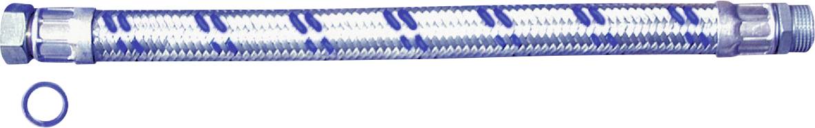 Tuyau métallique flexible à rayures bleues et blanches avec des raccords argentés aux deux extrémités ; une petite bague torique bleue est positionnée dessous sur un fond blanc.
