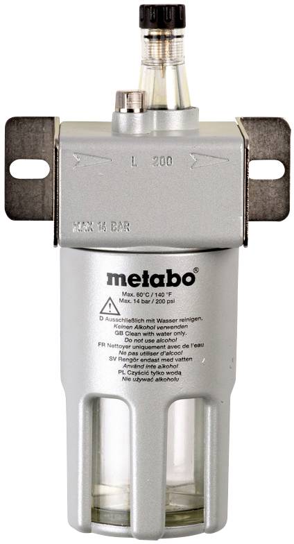 Lubrificateur à huile pneumatique argenté avec indicateur de niveau, marqué 'metabo', adapté pour une pression maximale de 14 bars et un débit maximal de 200 l/min.