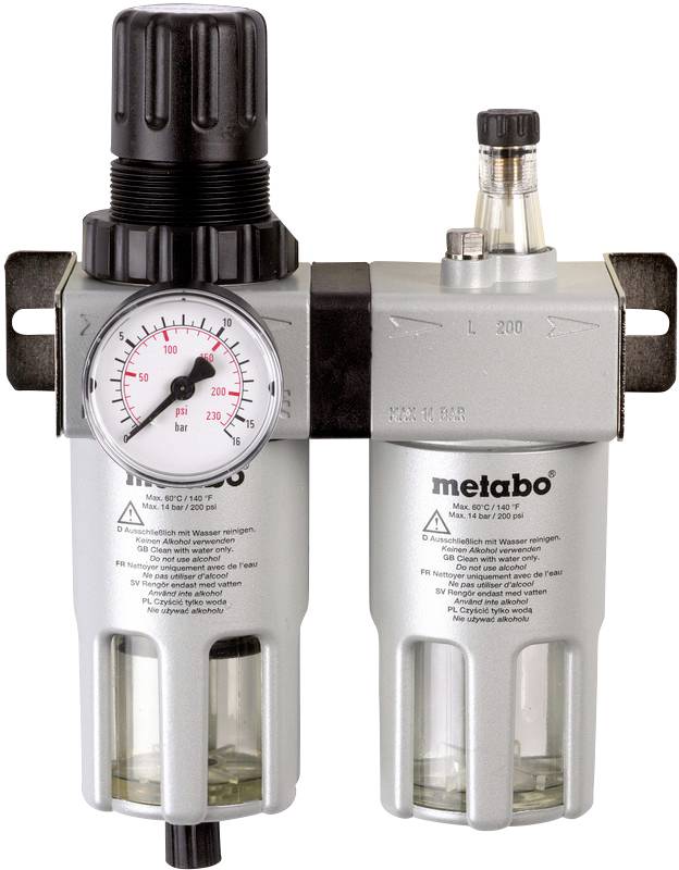 Régulateur de filtre à air comprimé avec manomètre et séparateur d'eau ; chacun avec boîtier transparent pour le contrôle du contenu, marque 'Metabo'.