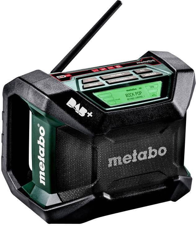 Radio de chantier compact Metabo avec affichage numérique intégré, réception DAB+, boîtier robuste et antenne pour une réception optimale.