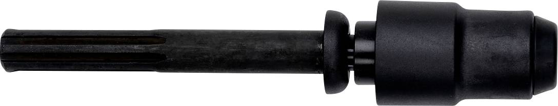 Adaptateur d'outil en métal noir avec un long arbre cannelé et une tête de douille cylindrique, présenté sur un fond blanc.