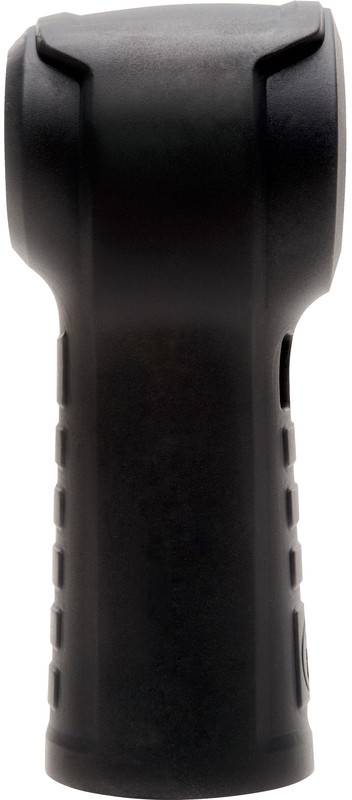 Lampe de poche ou torche noire tenue à la main, vue droite sur un fond blanc, montrant la poignée et la tête.
