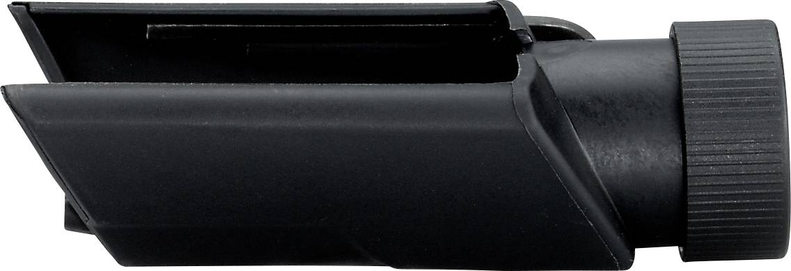 Tube en plastique noir avec une ouverture et un bouton de réglage nervuré sur la droite, présenté sur un fond blanc.