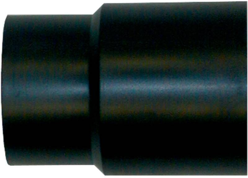 Raccord de tuyauterie cylindrique noir avec une extrémité gauche plus étroite et une extrémité droite plus large, montré sur un fond blanc.