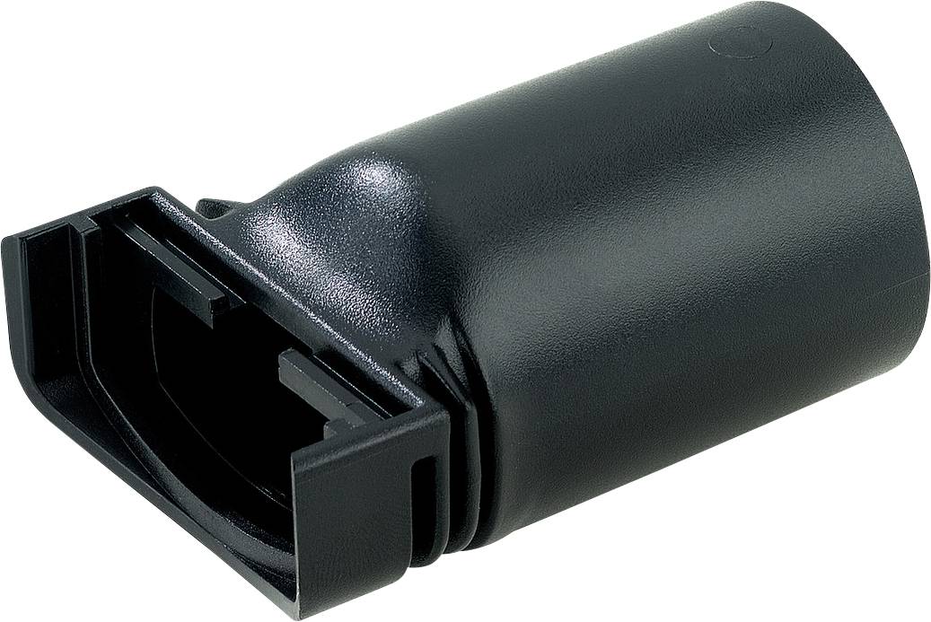 Boîtier de connecteur cylindrique en plastique noir avec une extrémité ouverte rectangulaire sur un fond blanc.
