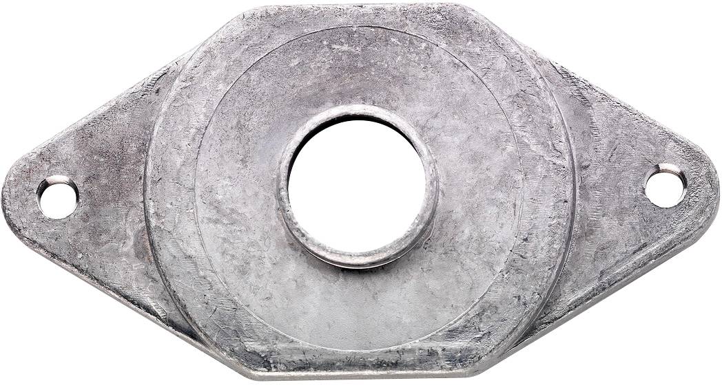 Disque métallique de forme ovale avec un perçage central et deux trous de fixation latéraux, utilisé comme élément de fixation.