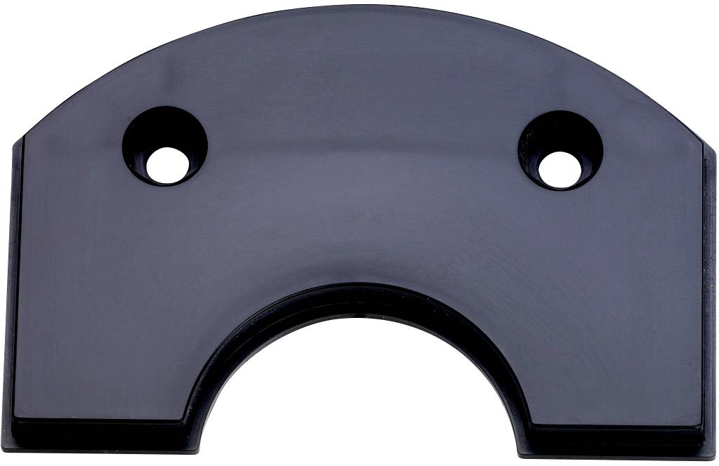 Une pièce en plastique noir semi-circulaire avec deux trous, probablement un élément d'un système de fixation ou d'un dispositif technique.