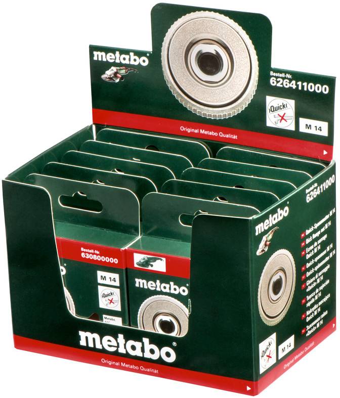 Boîte d'exposition de disques abrasifs Metabo, emballage de vente au détail vert avec marque « metabo » et codes produits, disposés dans un présentoir de comptoir.