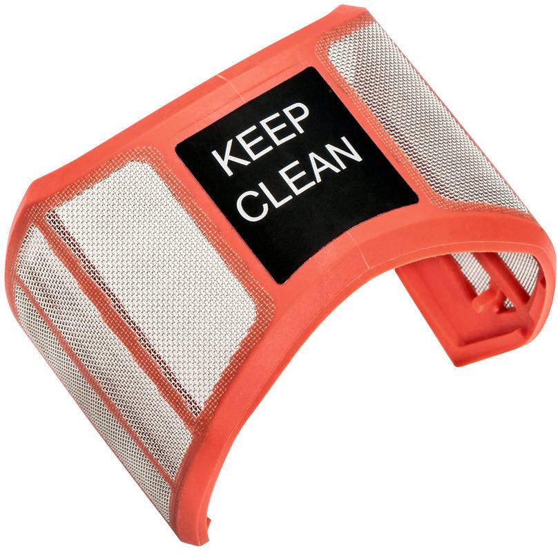 Attelle de poignet en maille orange avec une étiquette noire portant l'inscription « KEEP CLEAN » sur un fond blanc.