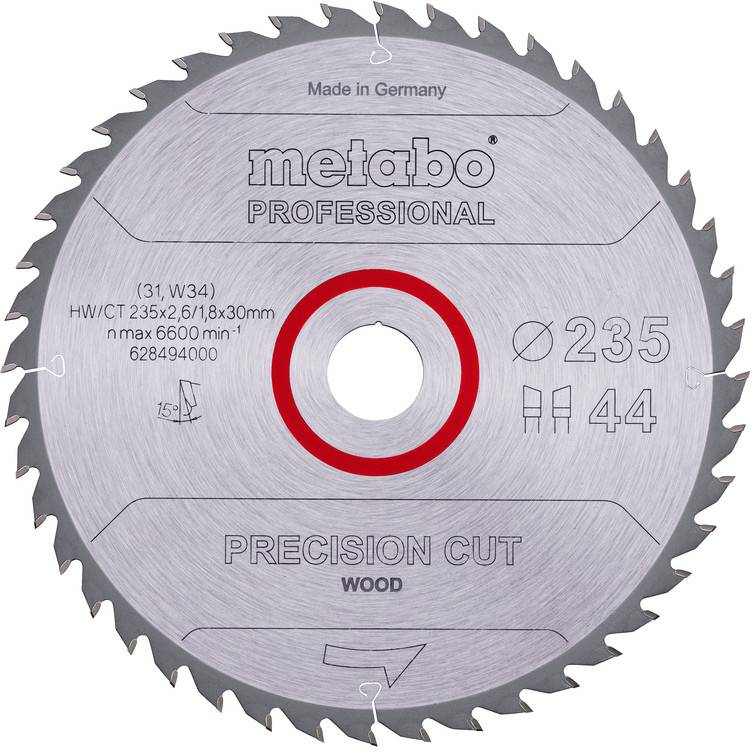 Lame de scie circulaire Metabo Professional de coupe précise pour bois, diamètre 235 mm avec 44 dents et bague centrale rouge, étiquetée Fabriqué en Allemagne.