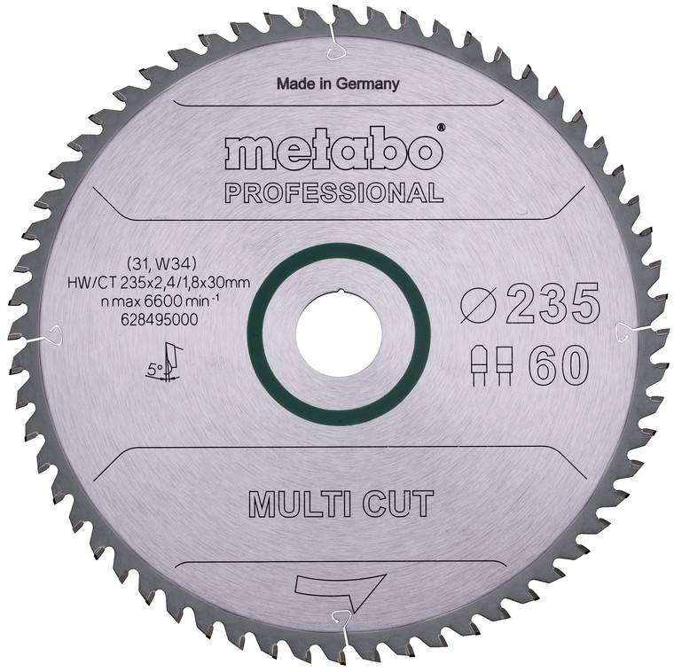 Une lame de scie circulaire multi-coupe professionnelle Metabo portant l'étiquette « Fabriquée en Allemagne », diamètre 235 mm et 60 dents.