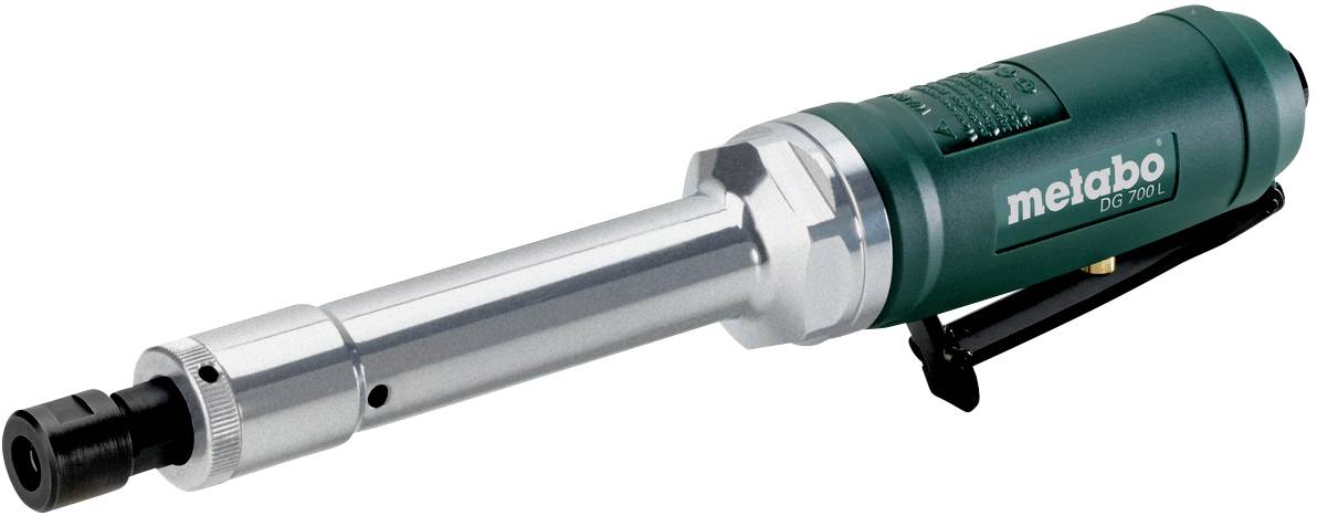 Un meuleuse droite verte et argentée de Metabo, modèle DG 700 G, avec un boîtier métallique allongé et une poignée latérale proéminente.