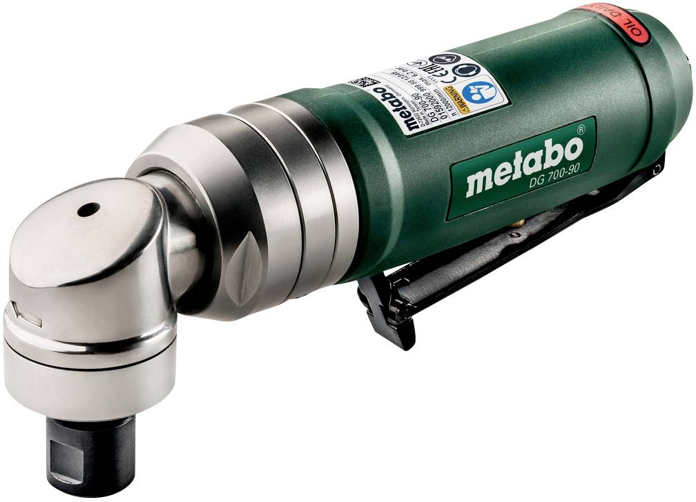 Un meuleuse pneumatique verte de la marque Metabo, modèle DG 700-90, avec tête en métal et autocollants, affiche des informations de sécurité et de produit.