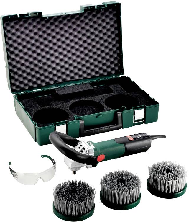Kit d'outils : Une polisseuse électrique verte avec trois embouts de brossage, des lunettes de protection et un coffret rembourré en mousse.