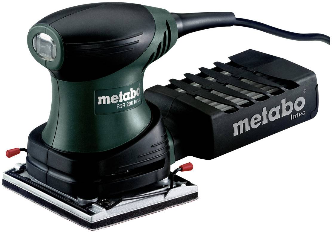 Foto eines Metabo-Elektroschleifers mit Staubbox und Stromkabel, auf weißem Hintergrund dargestellt.
