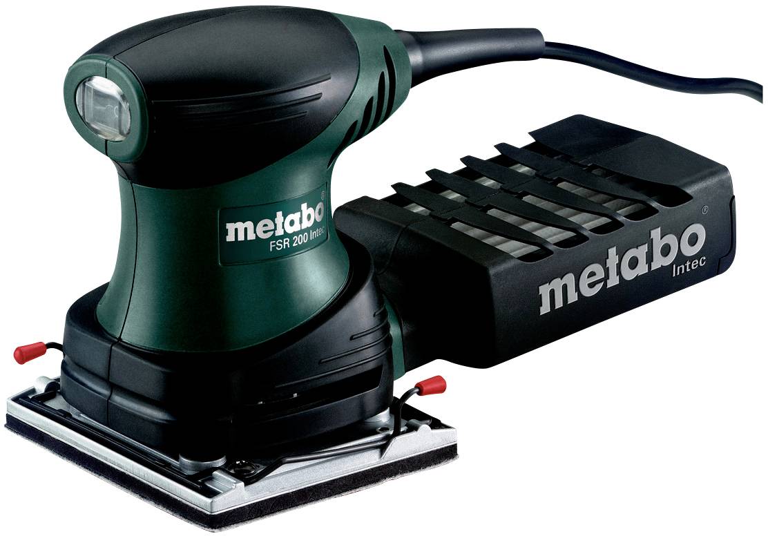 Un meuleuse électrique Metabo-Intec vert et noir avec une base rectangulaire et un design ergonomique.