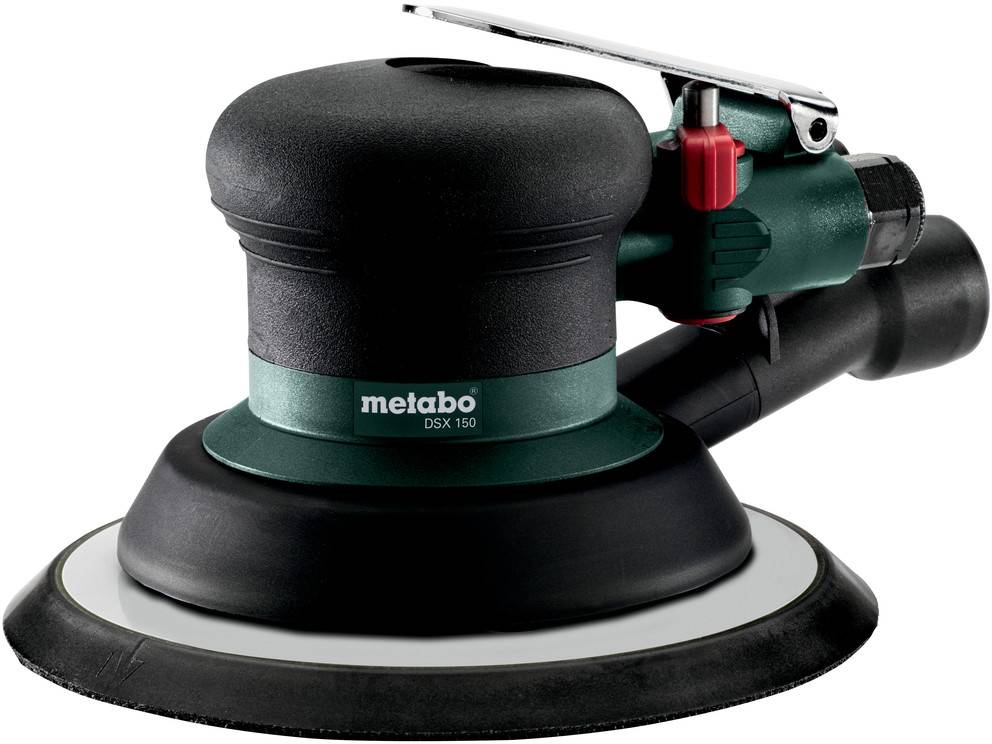 Ponceuse orbitale aléatoire Metabo DSX 150 avec grand plateau de ponçage rond et accessoire d'extraction de poussière sur fond blanc