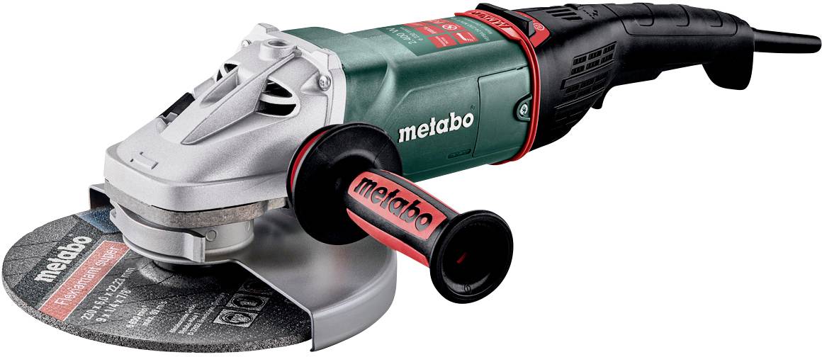 Meuleuse d'angle Metabo, boîtier vert et noir, poignée rouge avec inscription 'metabo', adaptée pour couper et poncer.