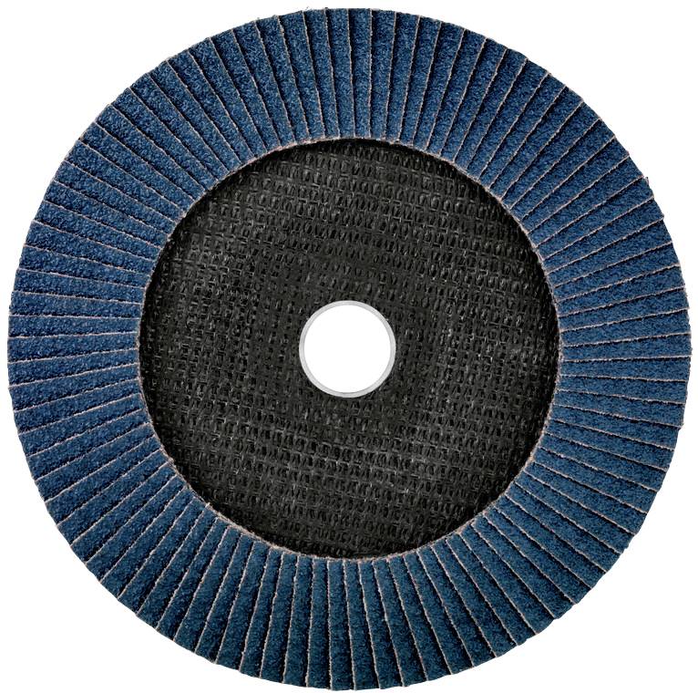 Disque abrasif à lamelles bleues, disposées circulairement autour d'un trou central. Utilisé pour polir ou lisser des surfaces.