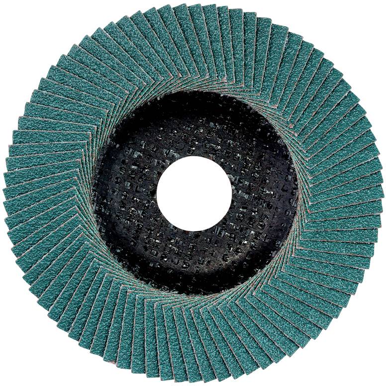 Un disque abrasif avec des feuilles abrasives disposées en cercle sur une base noire, adapté aux travaux de ponçage sur métal ou bois.