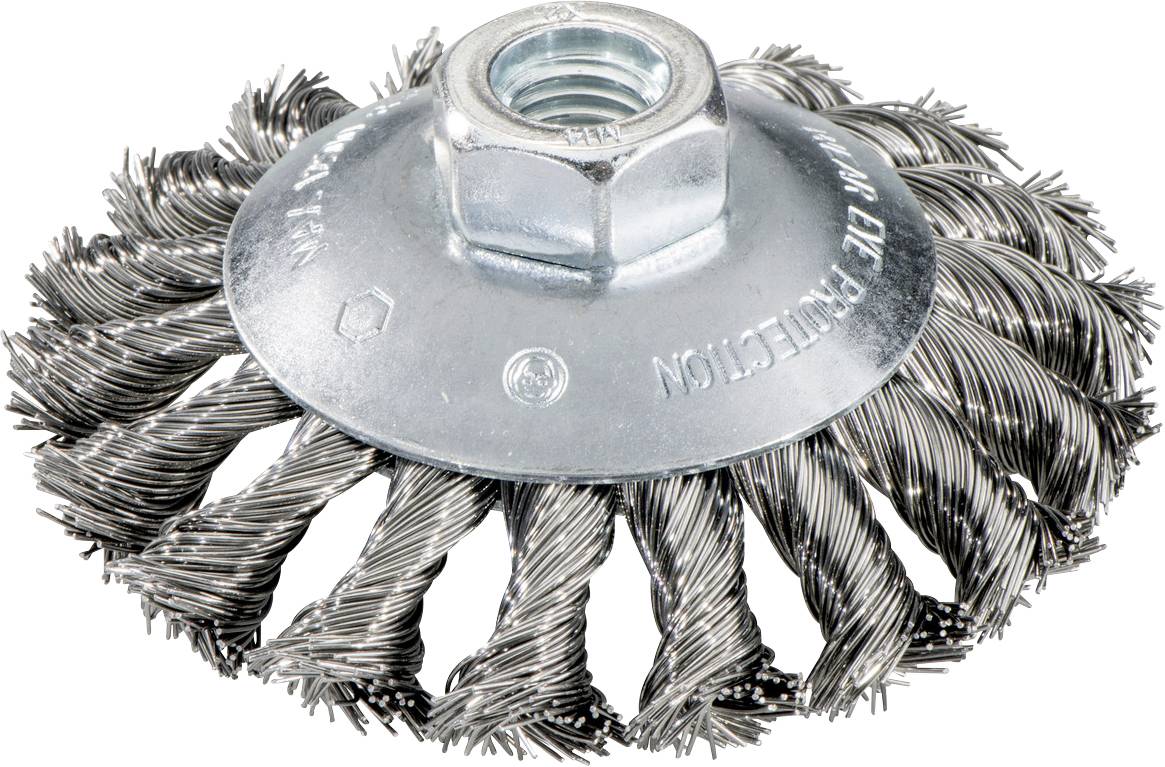 Brosse à disque métallique avec écrou central, utilisée pour moudre ou nettoyer les surfaces.
