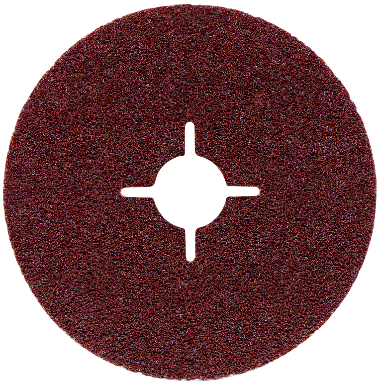 Une meule avec un grain grossier de couleur rougeâtre-brune et un trou central en forme d'étoile. Adaptée pour l'usinage du métal ou du bois.