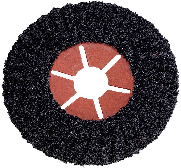 Disque abrasif à surface grossière, noire et granuleuse, avec un centre rouge présentant des fentes en croix.