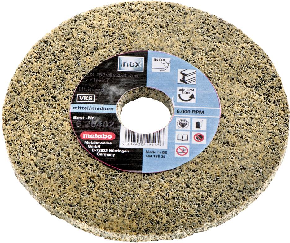 Disque abrasif à grain moyen pour acier inoxydable, adapté à 6 000 tr/min, de Metabo, fabriqué à Nürtingen, Allemagne.