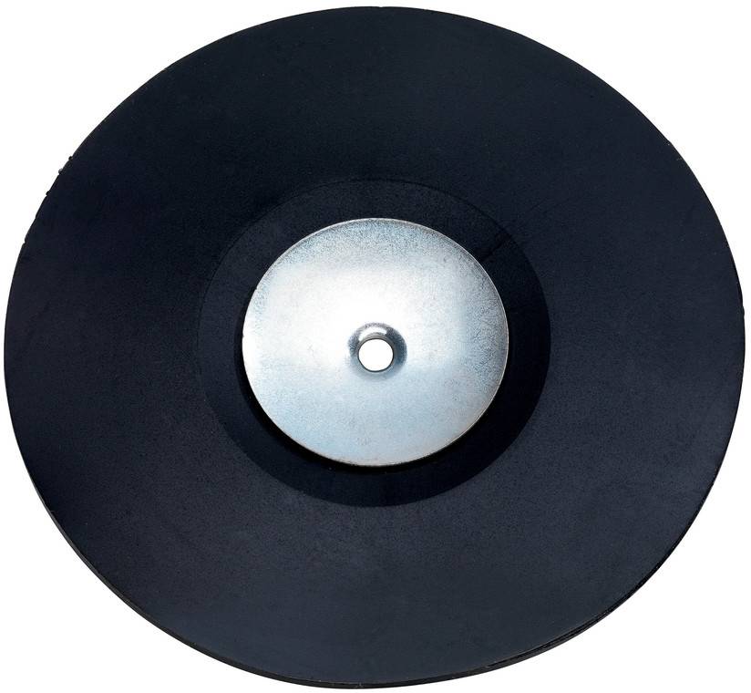 Disque circulaire noir avec un trou central argenté, vu de dessus sur un fond blanc.