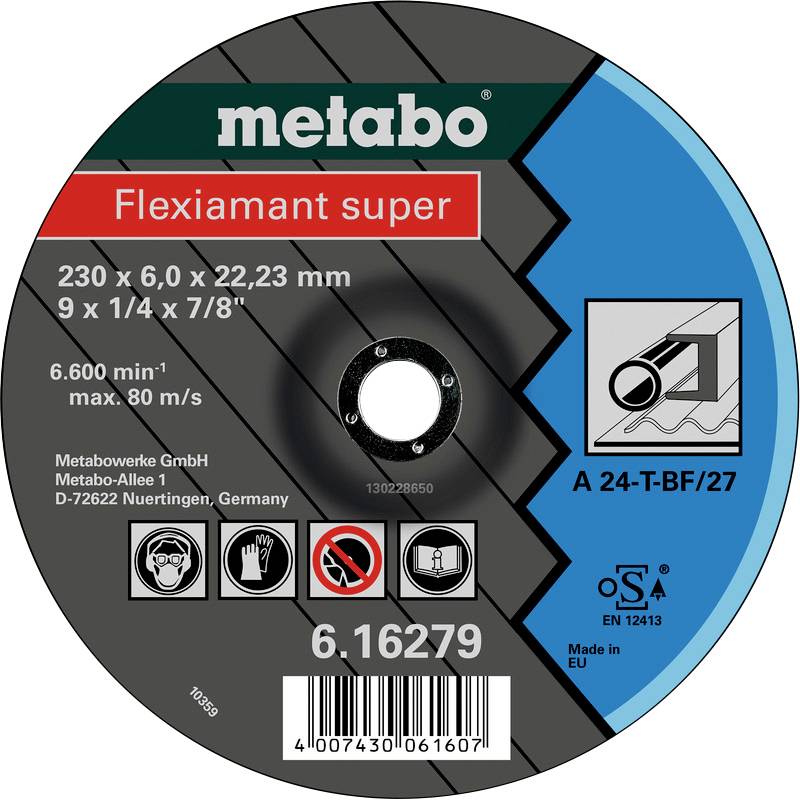 Étiquette d'un disque à tronçonner Metabo Flexiamant Super, 230 x 6,0 x 22,23 mm, avec informations de sécurité et d'utilisation.