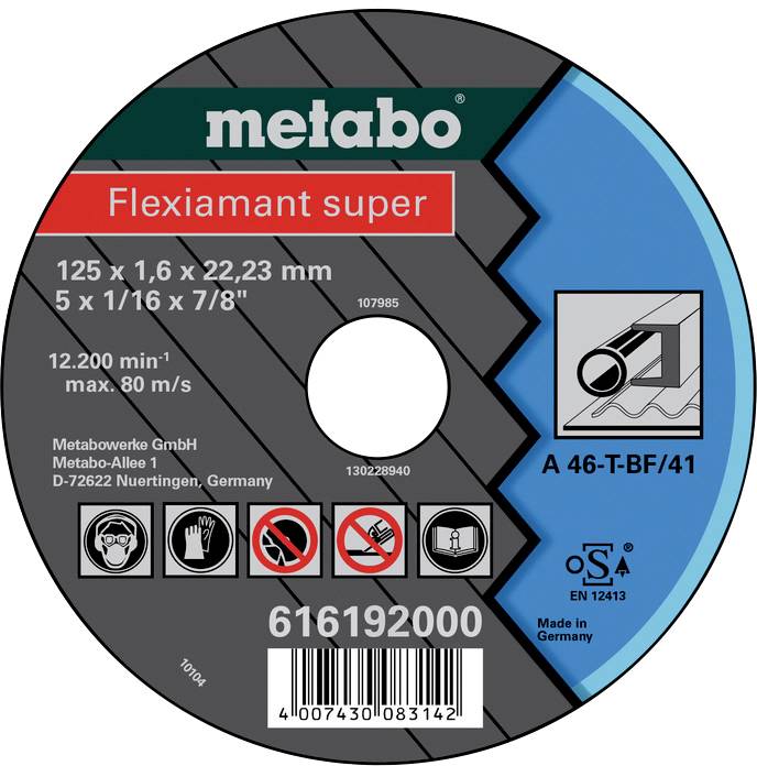 Illustration d'un disque à tronçonner Metabo 'Flexiamant super' avec indications de dimensions, symboles de sécurité et informations de fabrication.