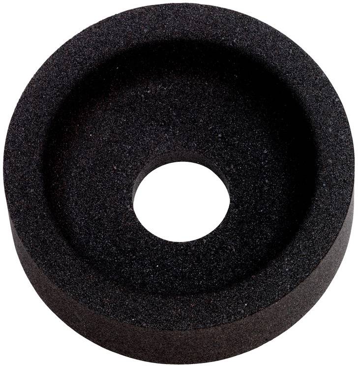 Anneau de mousse circulaire noir avec un trou central, vu de dessus sur un fond blanc.