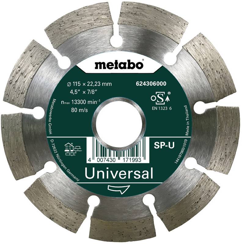 Lame à diamant segmentée universelle Metabo avec trou central et spécifications du produit sur l'étiquette.