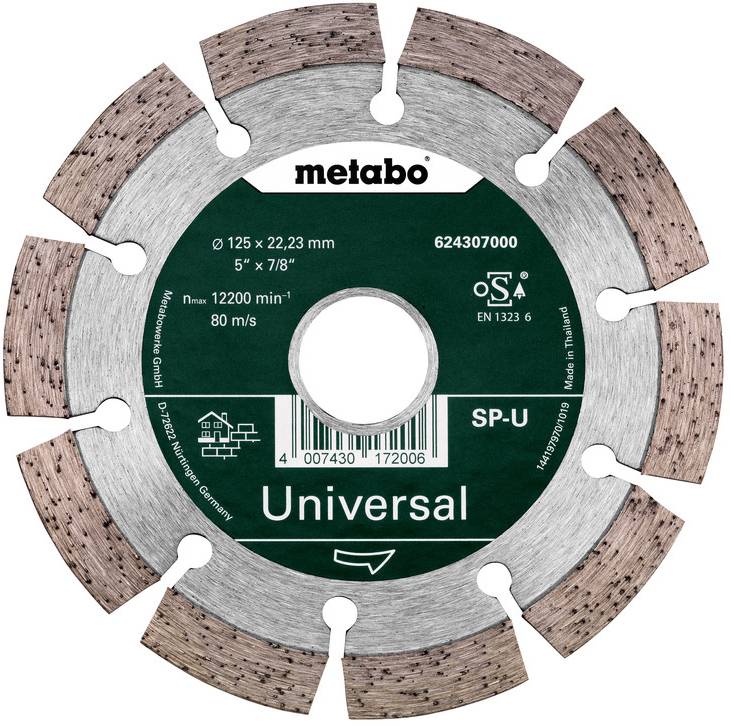 Lame de scie diamantée segmentée Metabo « Universal » avec étiquette verte, 125 x 22,23 mm, pour la découpe de maçonnerie ou de pierre.