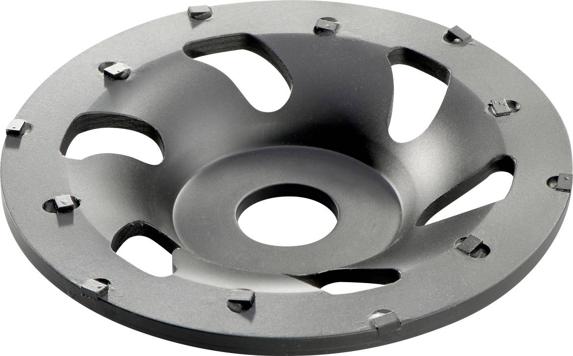 Meule à meuler circulaire en métal gris avec trou central et segments de coupe attachés.