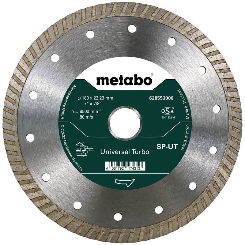 Disque de coupe diamanté universel Metabo Turbo avec centre étiqueté, affichant les spécifications de taille et de vitesse sur une lame circulaire.