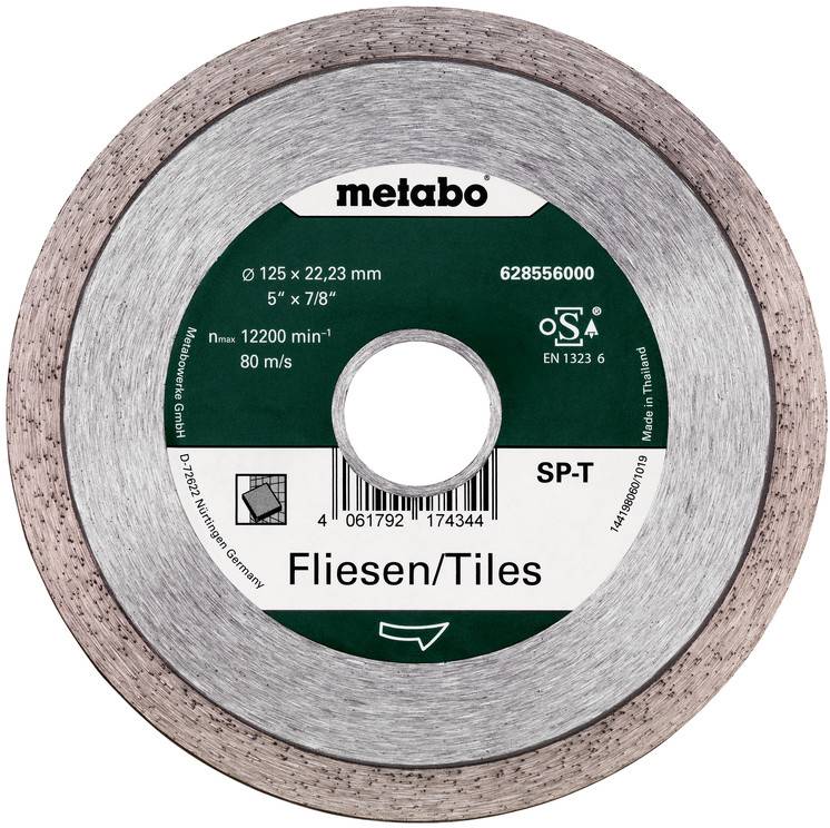 Disque de coupe diamanté Metabo étiqueté « Fliesen/Tiles » pour la coupe de carrelage, indiquant les dimensions 125 x 22,23 mm et un régime maximal de 12 200 tr/min.