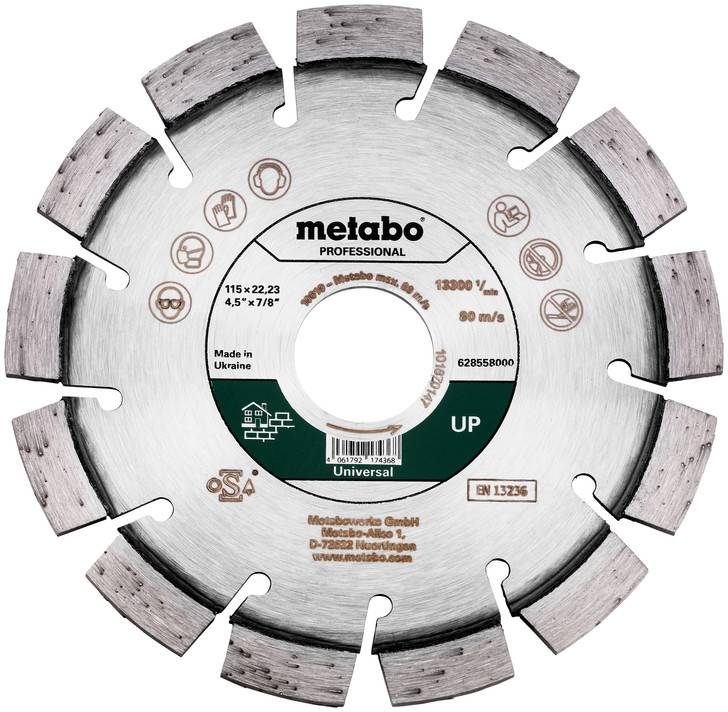 Lame de coupe diamantée segmentée Metabo Professional 115 x 22,23 mm, pour usage universel sur la maçonnerie et le béton.