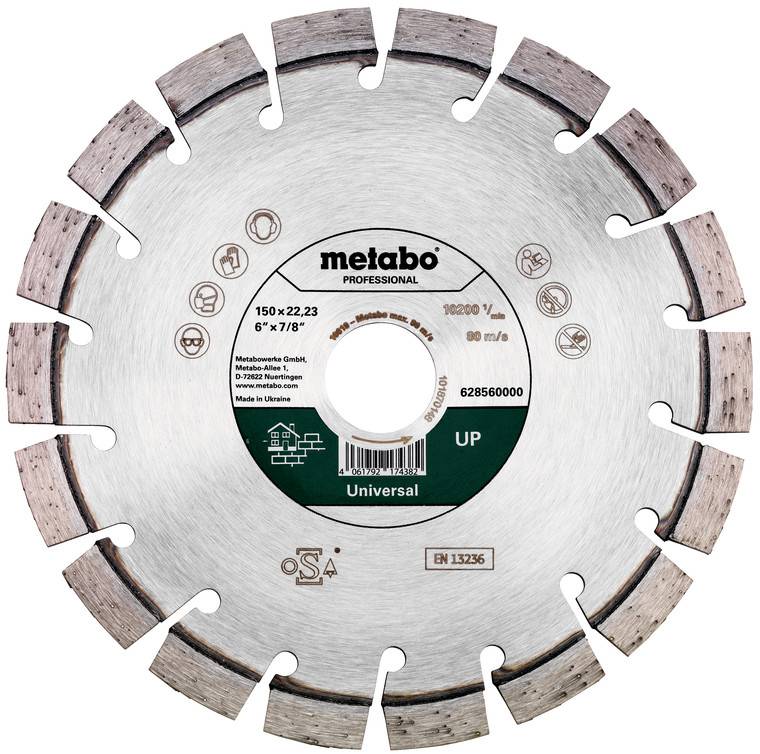 Lame diamantée Metabo Professional circulaire avec arête de coupe segmentée, étiquetée « Universelle » et de taille 150 x 22,23 mm / 6 x 7/8 po.