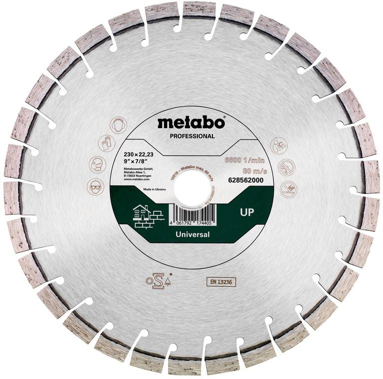 Lame de scie circulaire en diamant universel professionnelle Metabo avec bord de coupe segmenté, marquée 230 x 22,23 mm et 628562000.