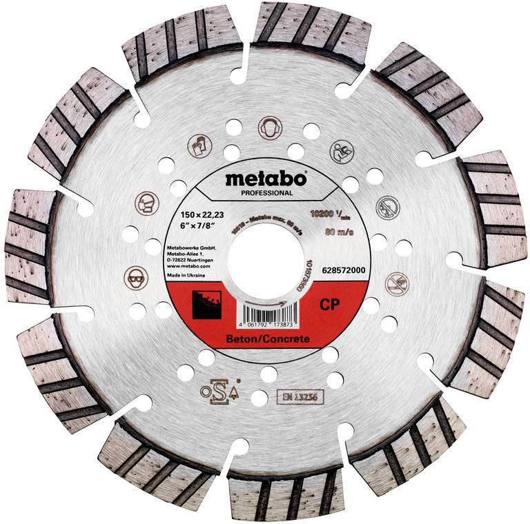 Lame de scie diamantée Metabo pour couper le béton, étiquetée « Beton/Concrete » et 150 x 22,23 mm, présentée de face avec un bord de coupe segmenté.