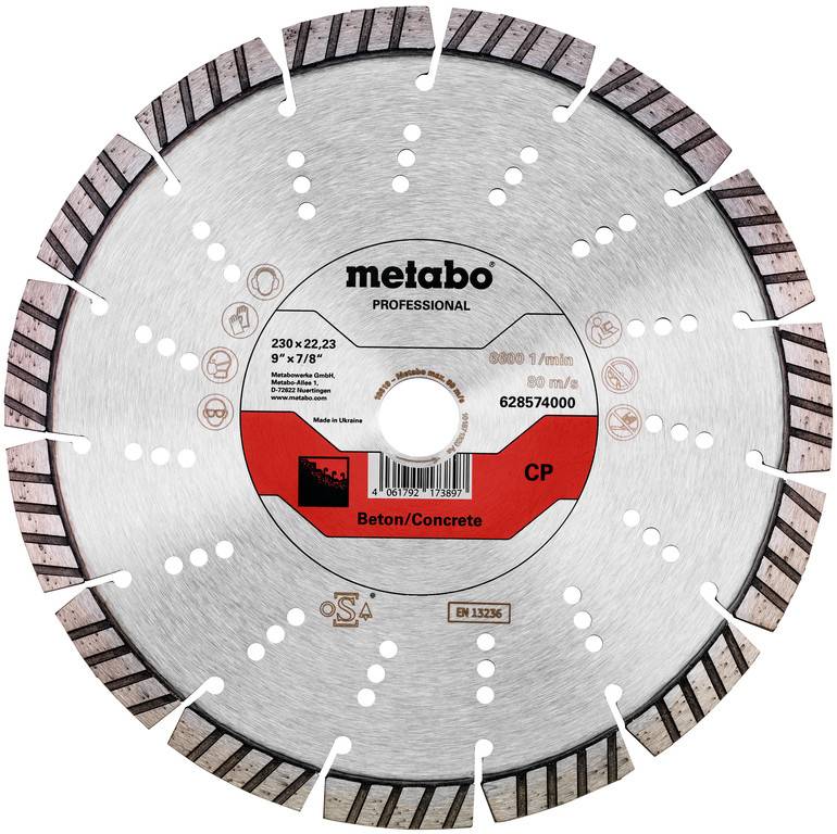 Une lame de coupe diamant Metabo Professional portant l'étiquette « Beton/Concrete » pour couper le béton, montrant un disque argenté avec un bord segmenté et des informations produit centrales.