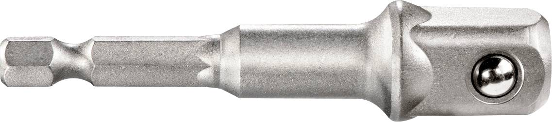 Adaptateur métallique hexagonal avec extrémité à carré de commande et mécanisme de retenue à bille, utilisé pour connecter les douilles à une perceuse ou un tournevis à percussion.