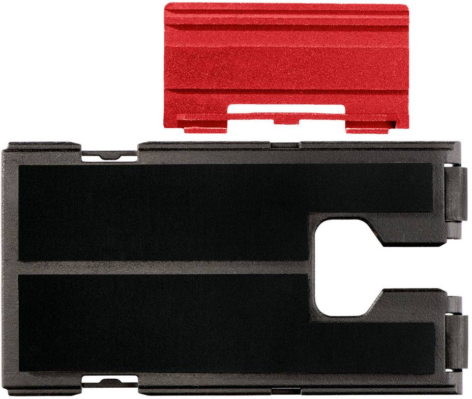 Clip en plastique noir avec insert supérieur rouge, montré sur un fond blanc.