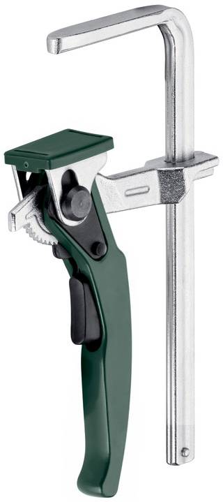 Eine grüne Hand-Werkzeugspannzange mit Abzughebel und metallstabförmiger L-förmiger Schiene zum Anziehen oder Sichern von Materialien.
