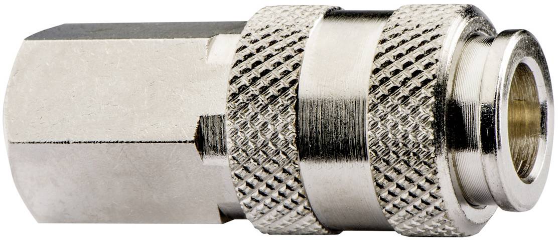 Metallschnellkupplung für Schläuche mit gerilltem Griff und Gewindelende, dargestellt auf weißem Hintergrund.
