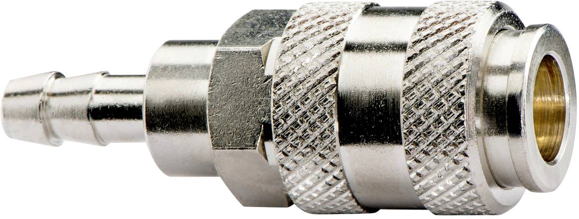 Un connecteur à fermeture rapide nickelé pour systèmes pneumatiques, avec poignée cannelée et surface texturée pour une prise en main sécurisée.